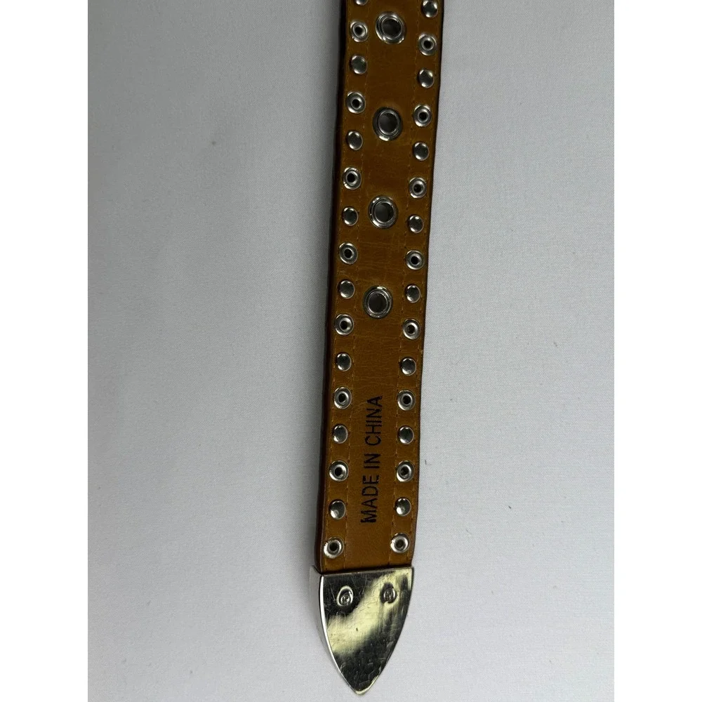 Western Brown Leather Lace Rhinestone Studded Belt Silver Floral Buckle XL A5212